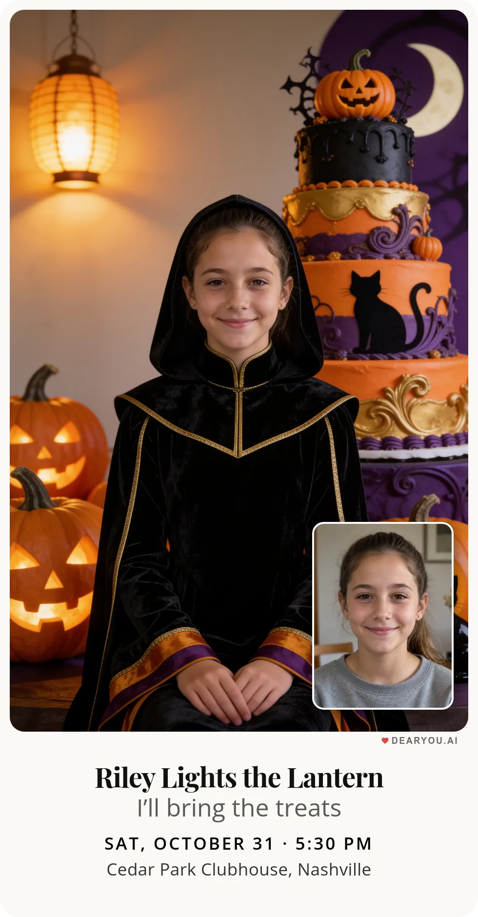 Personalized kids birthday invitation, a girl searching for her black cat among pumpkin lanterns theme