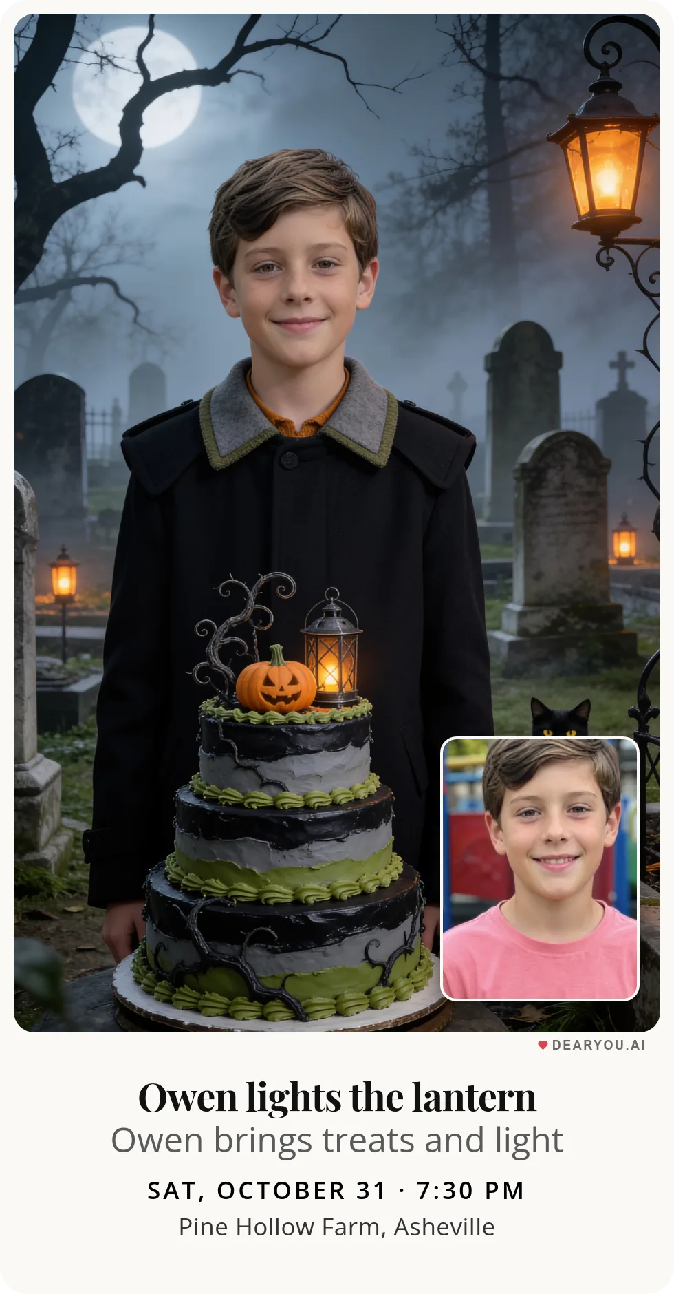 Personalized kids birthday invitation, a boy looking after his black cat in the misty graveyard theme
