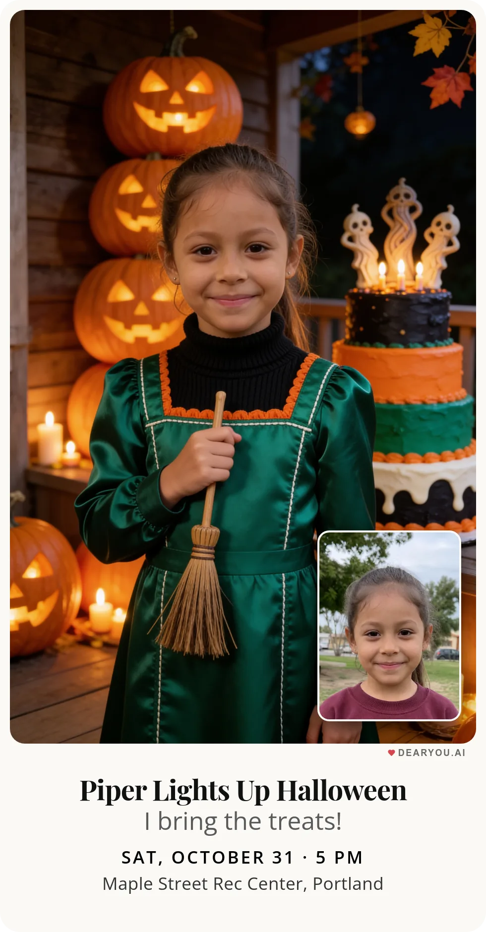 Personalized kids birthday invitation, a girl looking after her black cat among carved pumpkins theme