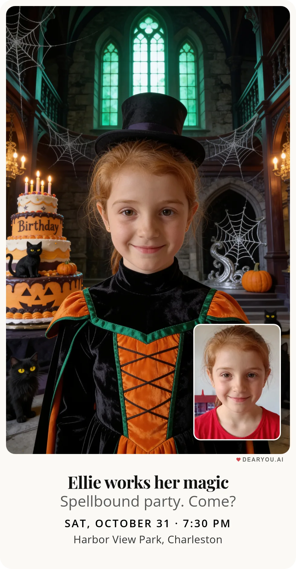 Personalized kids birthday invitation with the child's name and age, a girl taming black cats in the haunted house theme