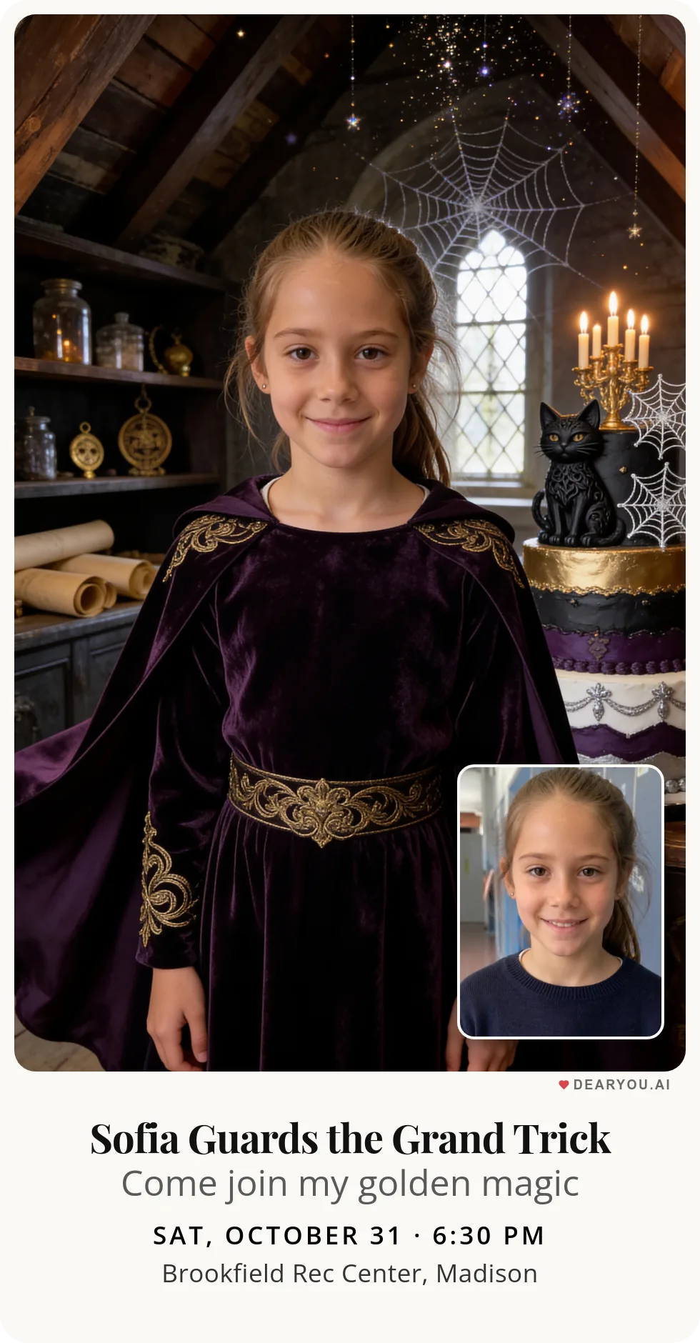 Personalized kids birthday invitation with the child's name and age, a girl guarding the sacred black cat of the attic theme
