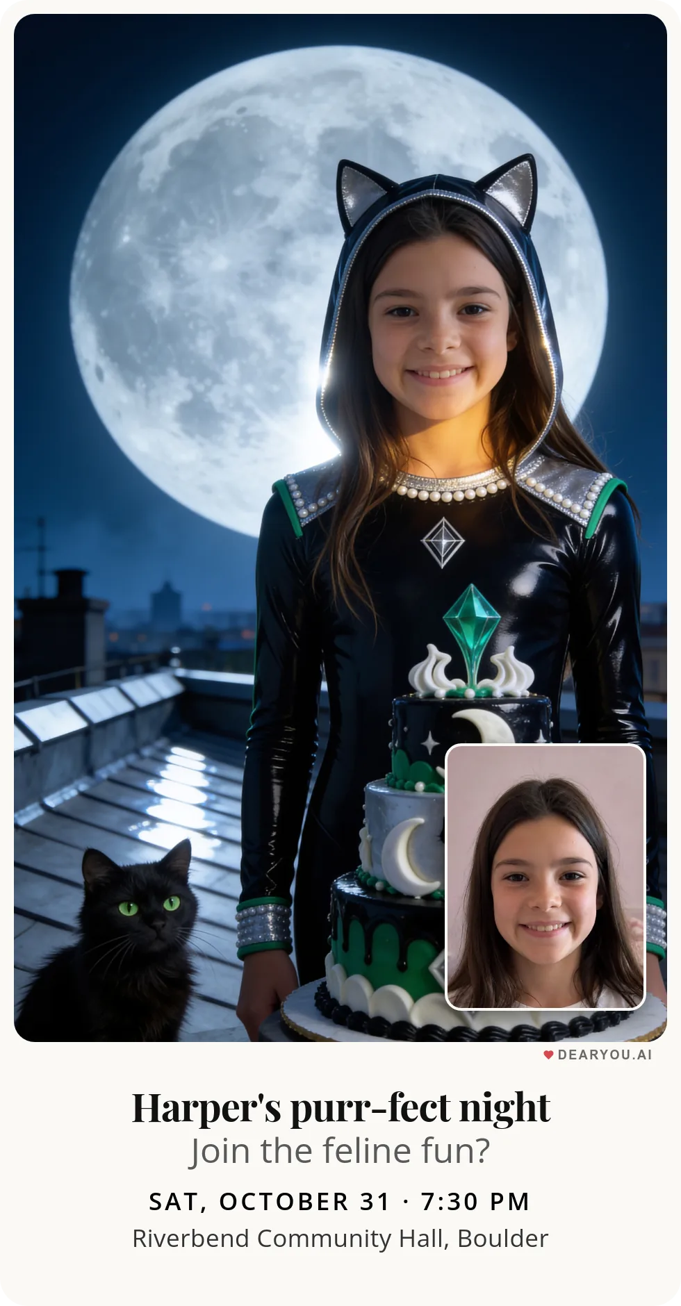 Personalized kids birthday invitation, a girl watching over her black cat under the full moon theme