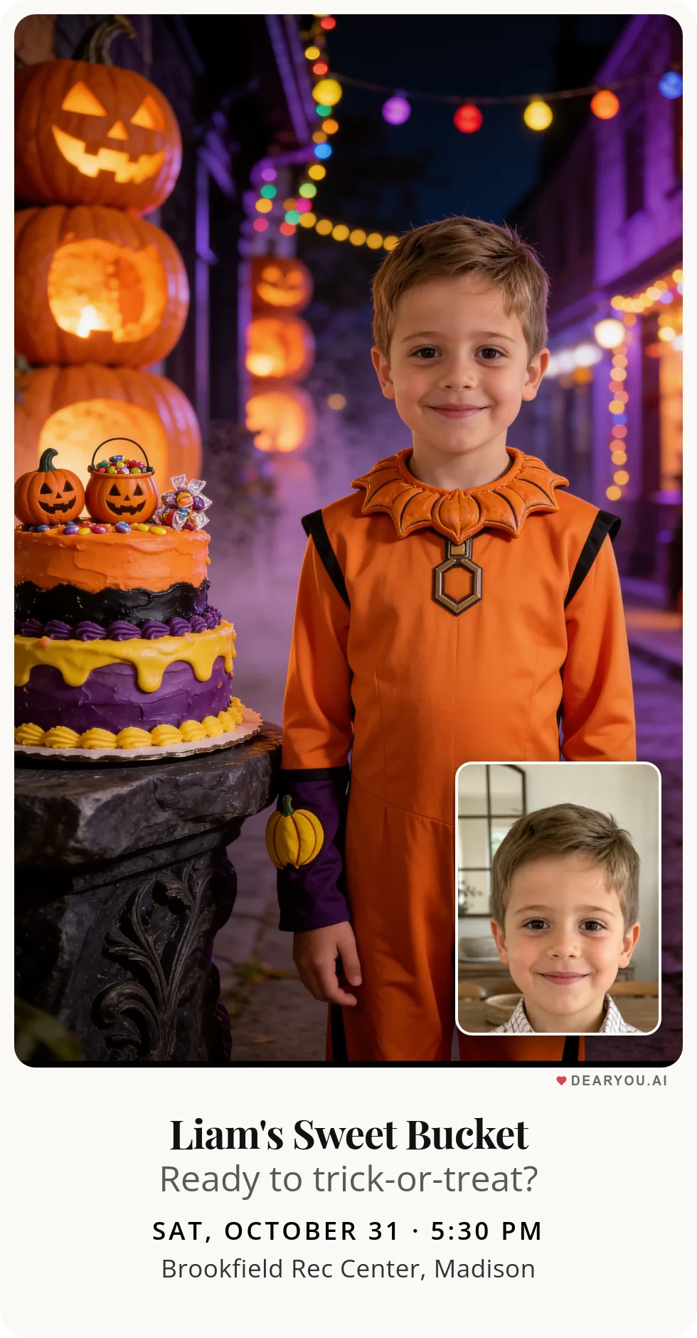 Personalized kids birthday invitation with the child's name and age, a trick-or-treat bucket full of candy theme