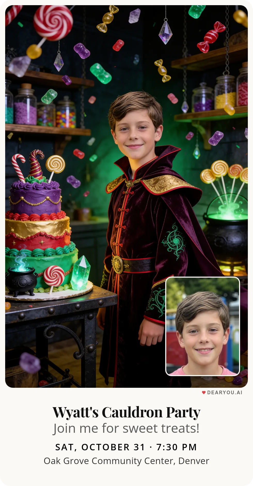 Personalized kids birthday invitation with the child's name and age, candy raining into a magic cauldron theme