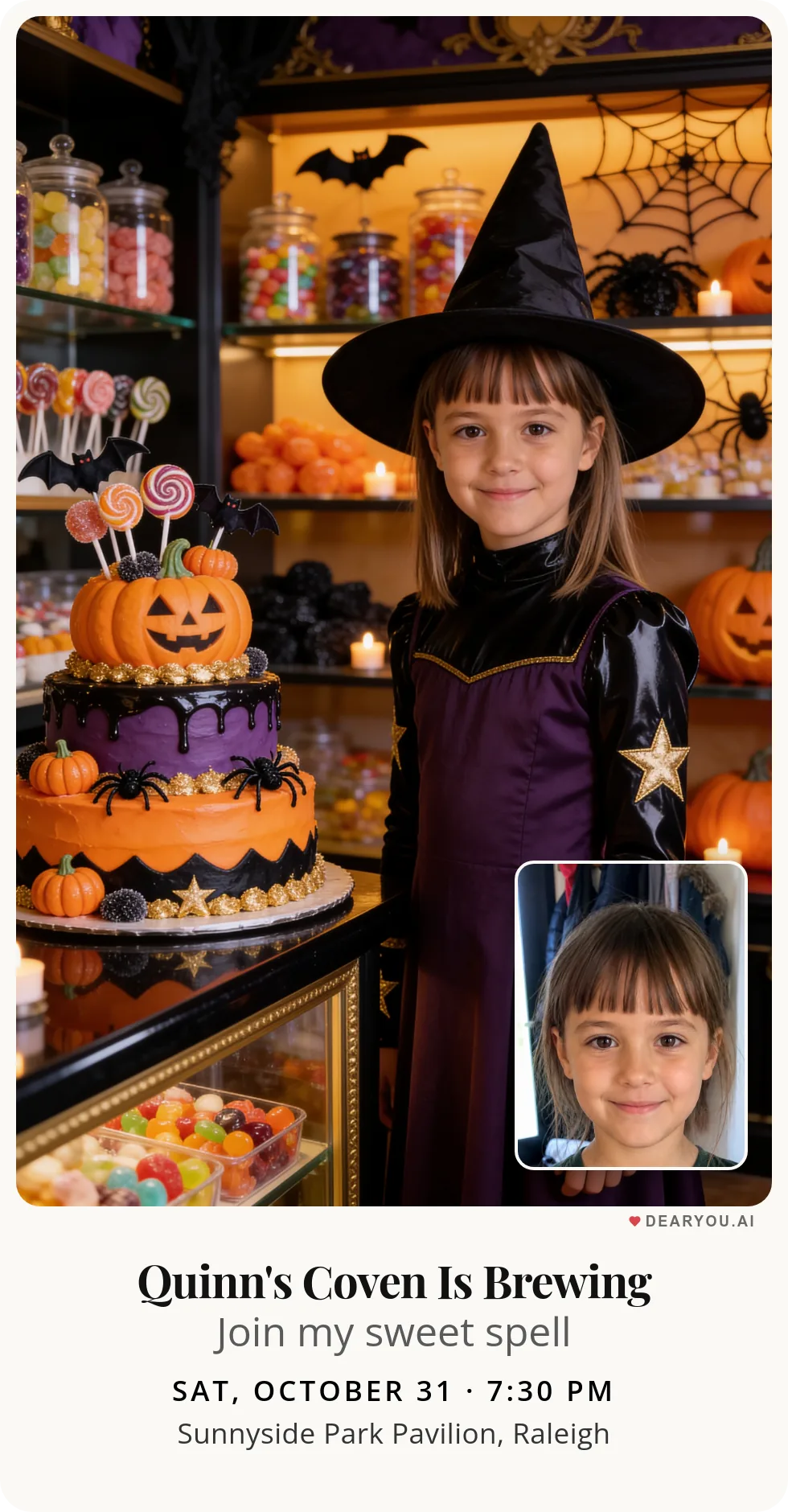 Personalized kids birthday invitation with the child's name and age, an enchanted Halloween candy shop theme