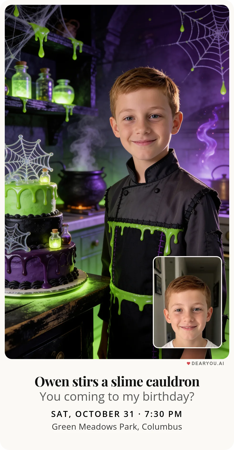 Personalized kids birthday invitation with the child's name and age, slime cobwebs in the haunted kitchen theme