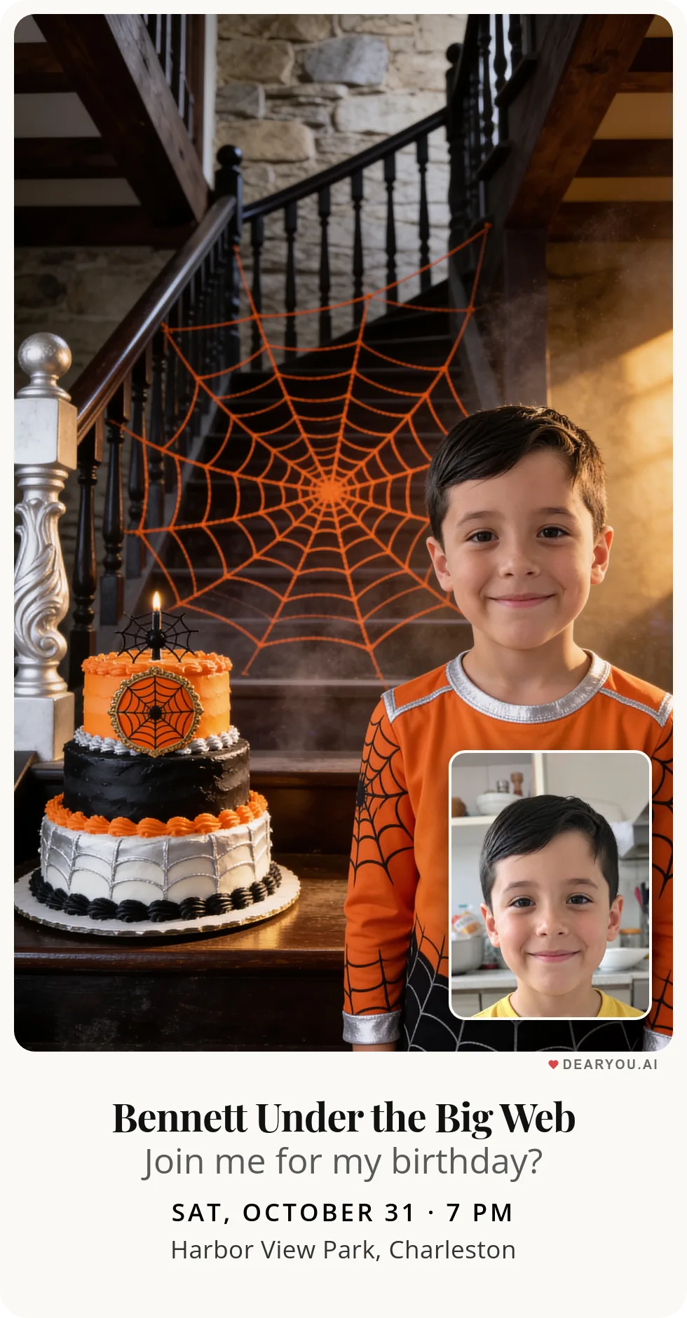 Personalized kids birthday invitation with the child's name and age, a huge orange cobweb over the staircase theme