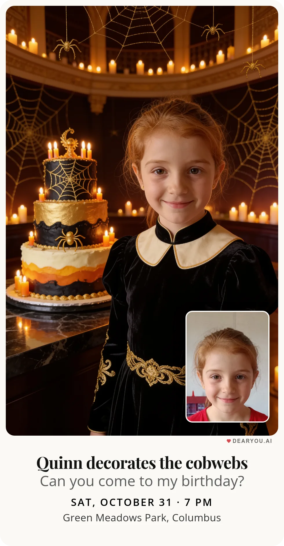 Personalized kids birthday invitation with the child's name and age, golden cobwebs by candlelight theme