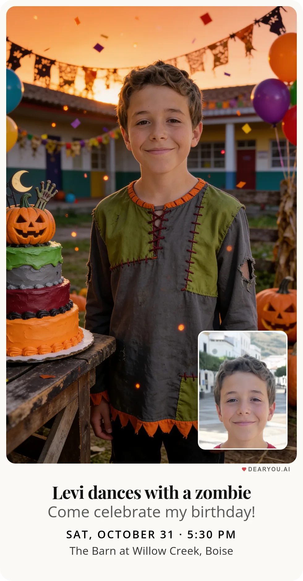 Personalized kids birthday invitation with the child's name and age, friendly zombie at the costume party theme