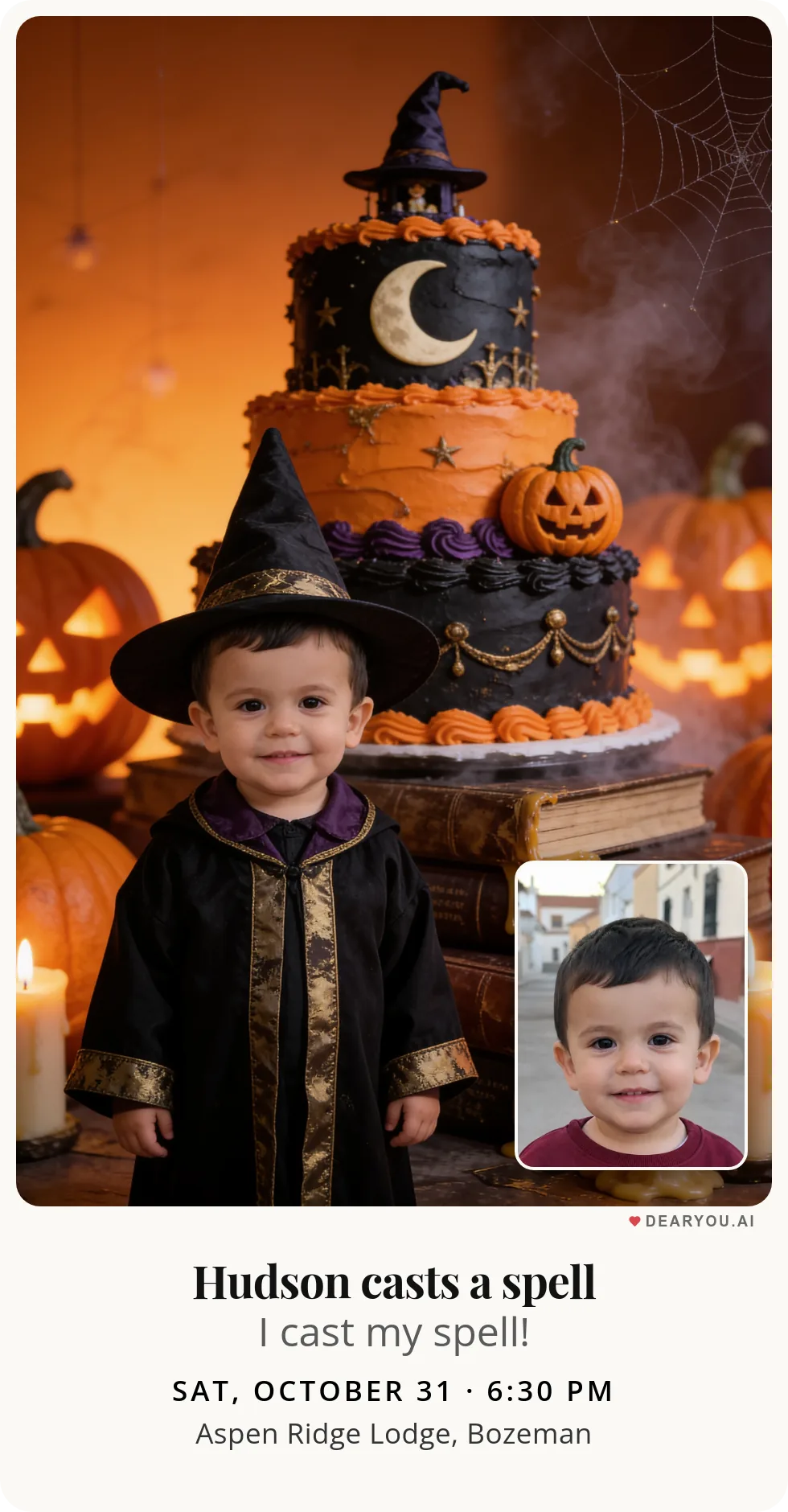 Personalized kids birthday invitation with the child's name and age, the little Halloween wizard's first birthday theme