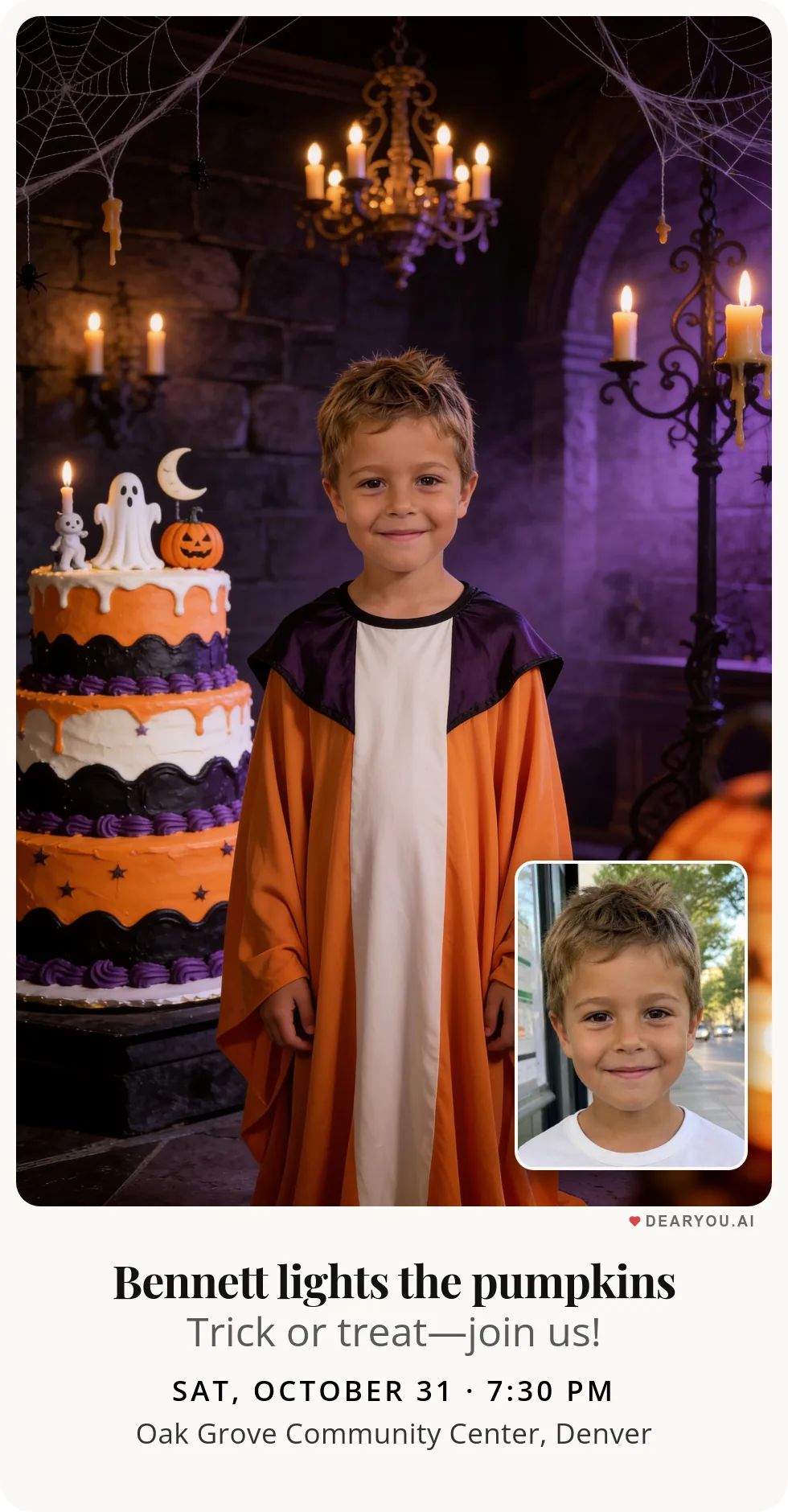Personalized kids birthday invitation with the child's name and age, a ghost under an orange sheet theme