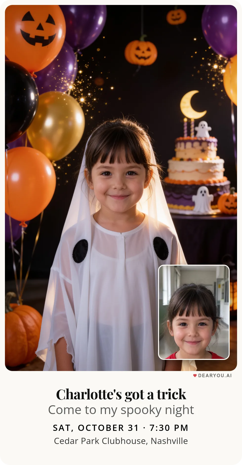 Personalized kids birthday invitation with the child's name and age, halloween ghosts with balloons theme