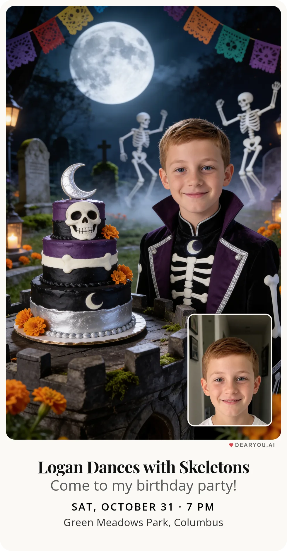 Personalized kids birthday invitation with the child's name and age, dancing with friendly skeletons under the moon theme