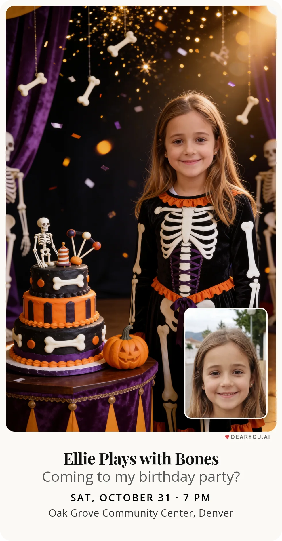 Personalized kids birthday invitation with the child's name and age, juggling skeletons theme