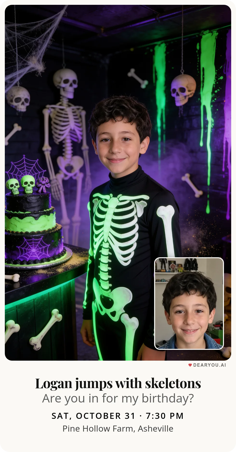 Personalized kids birthday invitation with the child's name and age, a glow-in-the-dark skeleton party theme
