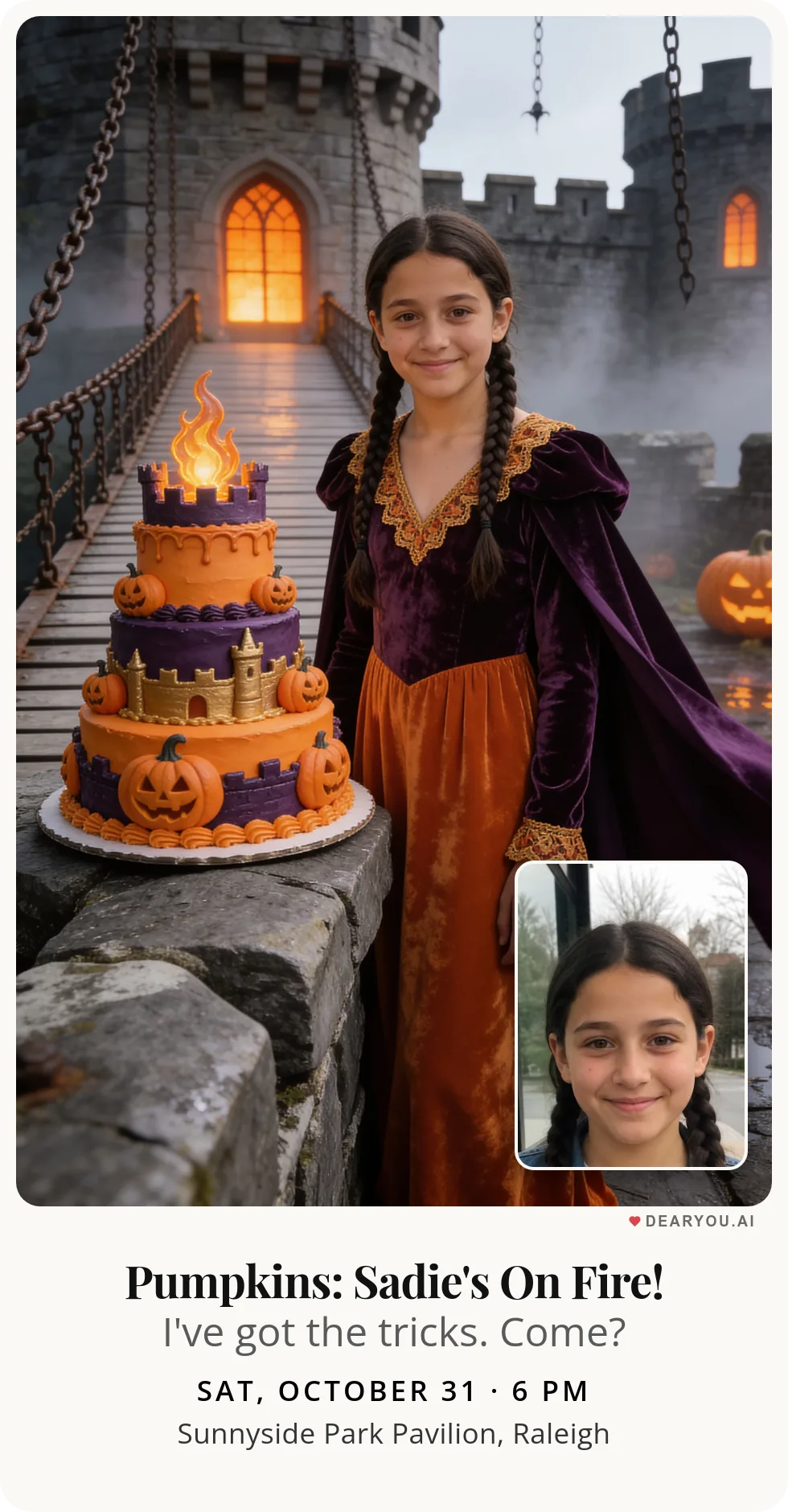 Personalized kids birthday invitation with the child's name and age, glowing pumpkins on the castle drawbridge theme