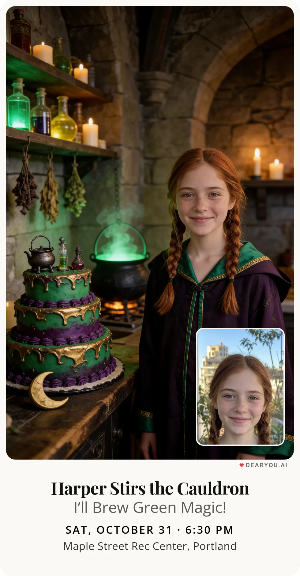 Personalized kids birthday invitation with the child's name and age, a bubbling potion cauldron in the castle kitchen theme
