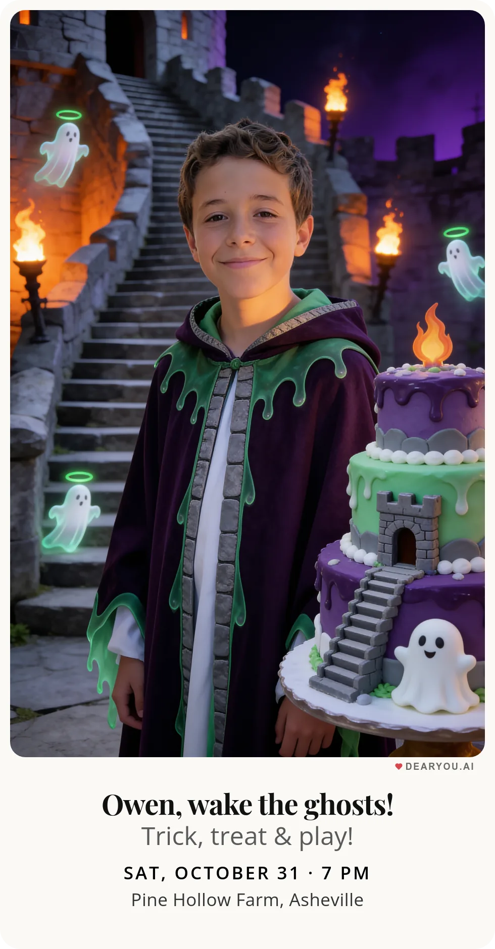 Personalized kids birthday invitation with the child's name and age, little ghosts on the castle staircase theme