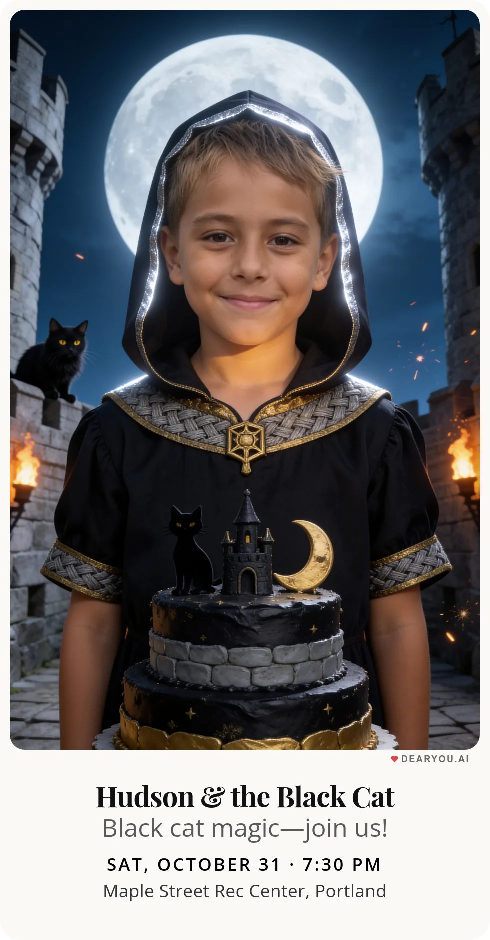 Personalized kids birthday invitation with the child's name and age, a black cat on the castle battlements theme