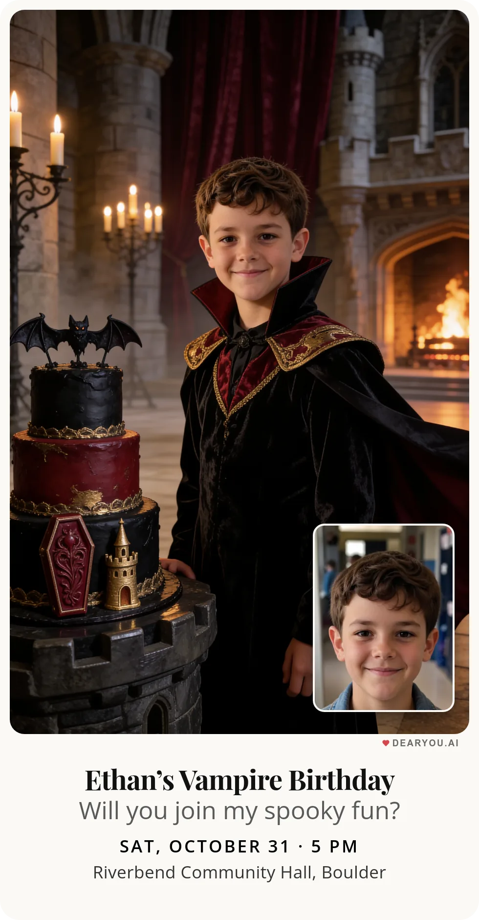 Personalized kids birthday invitation with the child's name and age, a vampire in the castle's great hall theme