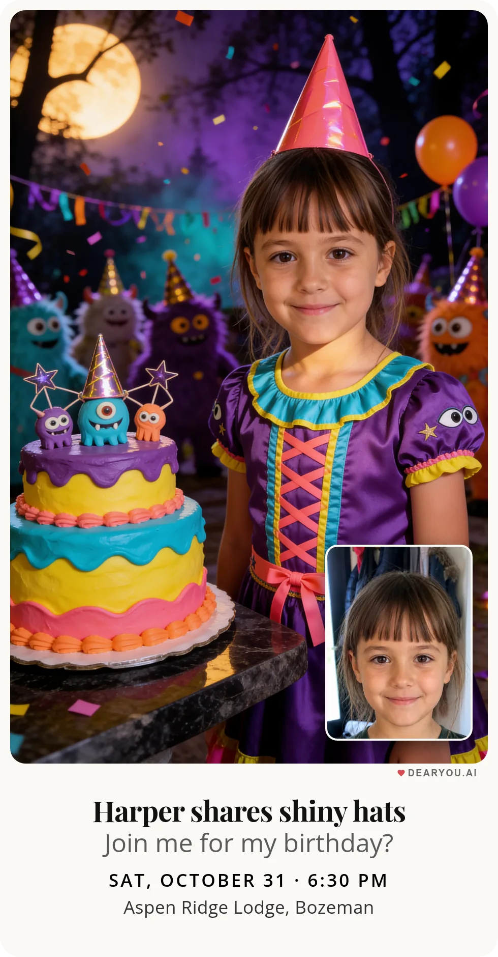 Personalized kids birthday invitation with the child's name and age, little monster parade in party hats theme