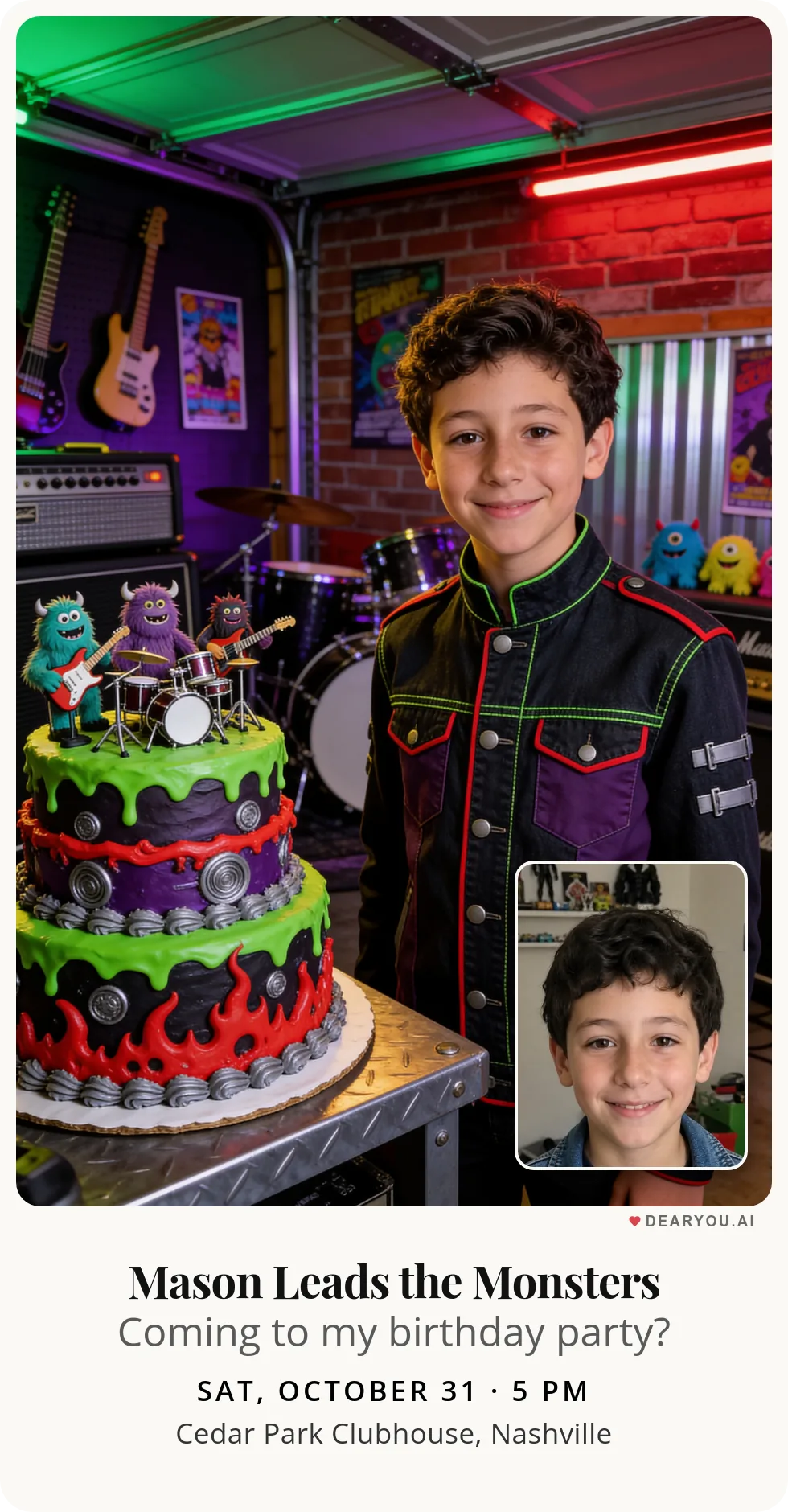 Personalized kids birthday invitation with the child's name and age, little monster band playing in the garage theme