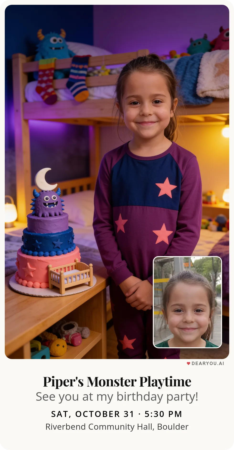 Personalized kids birthday invitation with the child's name and age, little monster party under the bed theme
