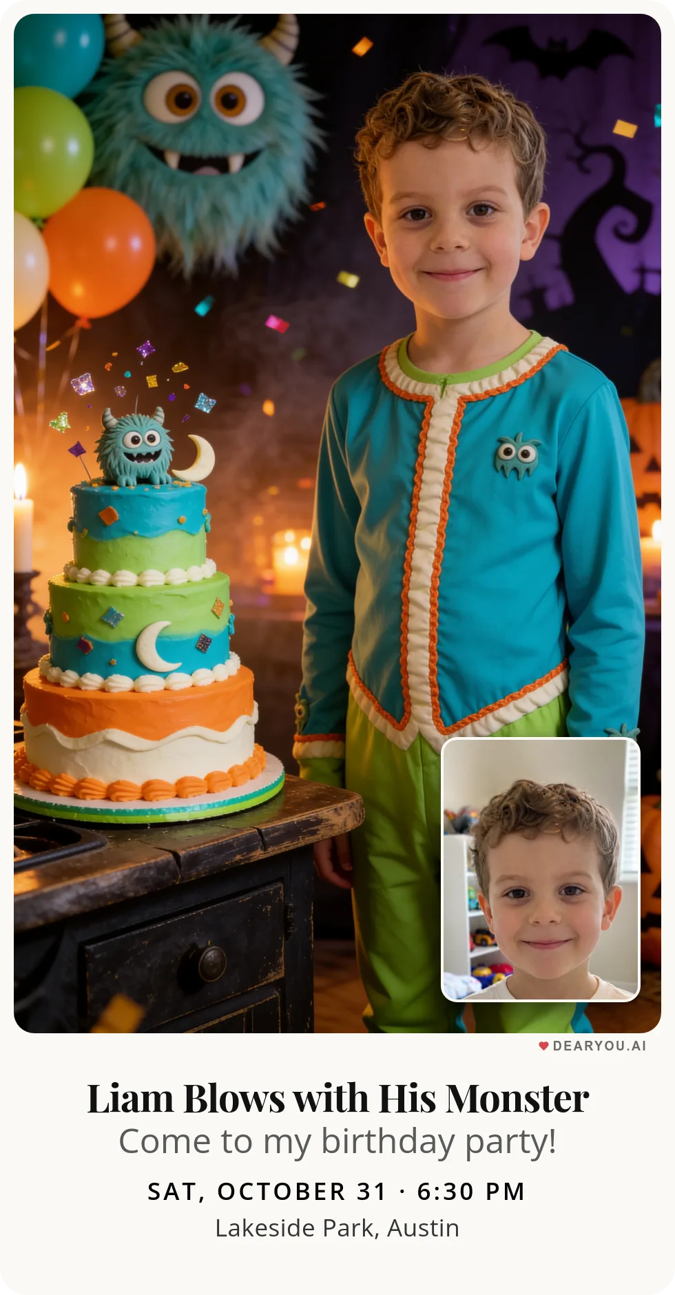Personalized kids birthday invitation, furry three-eyed little monster blowing out candles theme