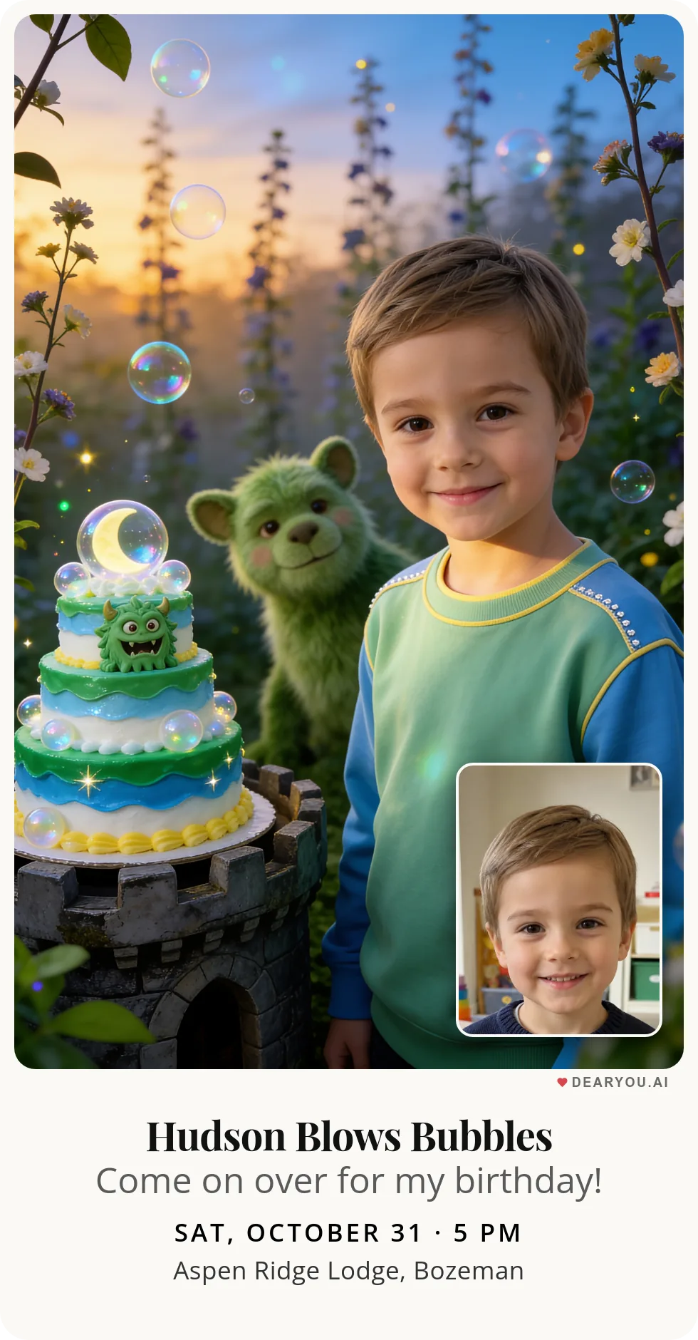 Personalized kids birthday invitation with the child's name and age, green little monster blowing bubbles theme