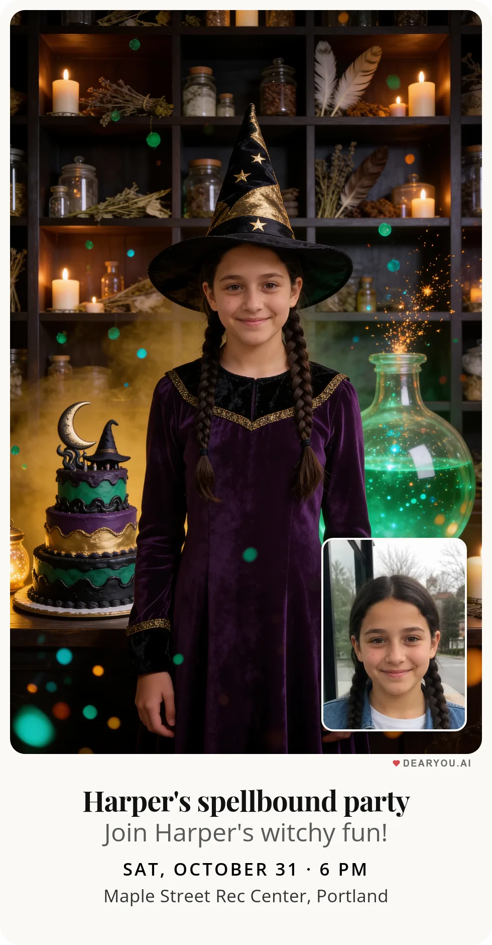 Personalized kids birthday invitation with the child's name and age, a little witch by her shelf of magic jars theme