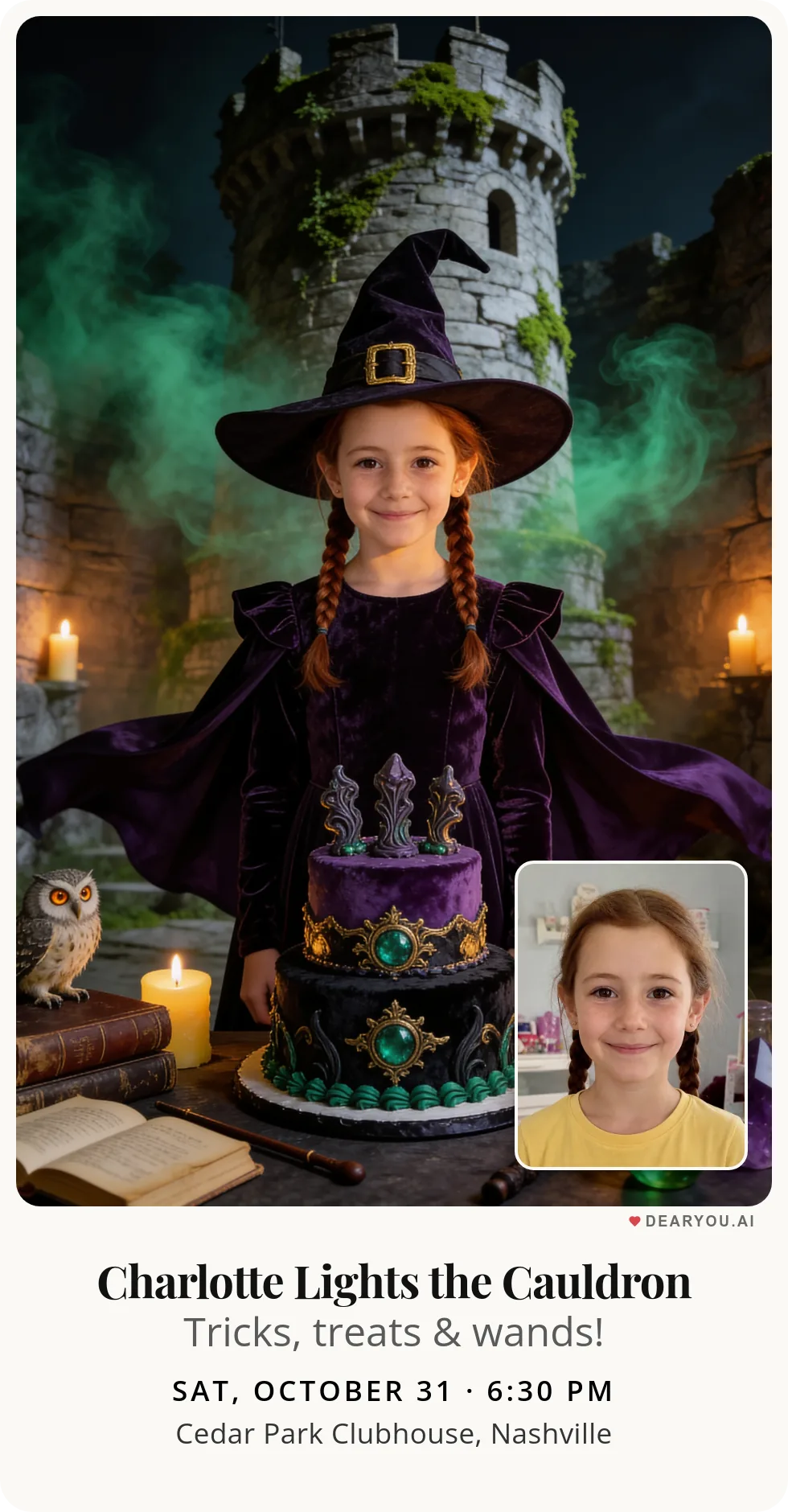 Personalized kids birthday invitation with the child's name and age, a little witch and her owl in the tower theme