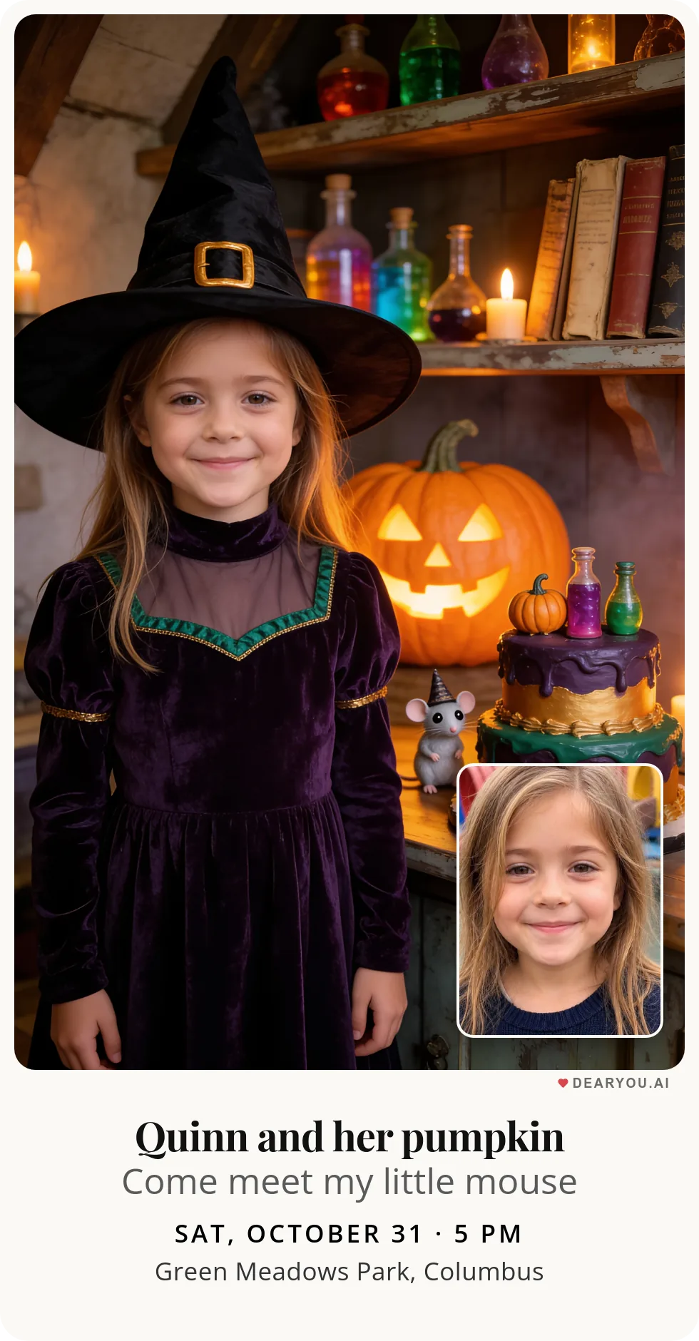 Personalized kids birthday invitation with the child's name and age, a little witch and her helper mouse theme