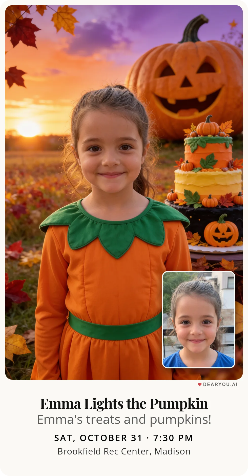 Personalized kids birthday invitation with the child's name and age, a giant laughing pumpkin theme