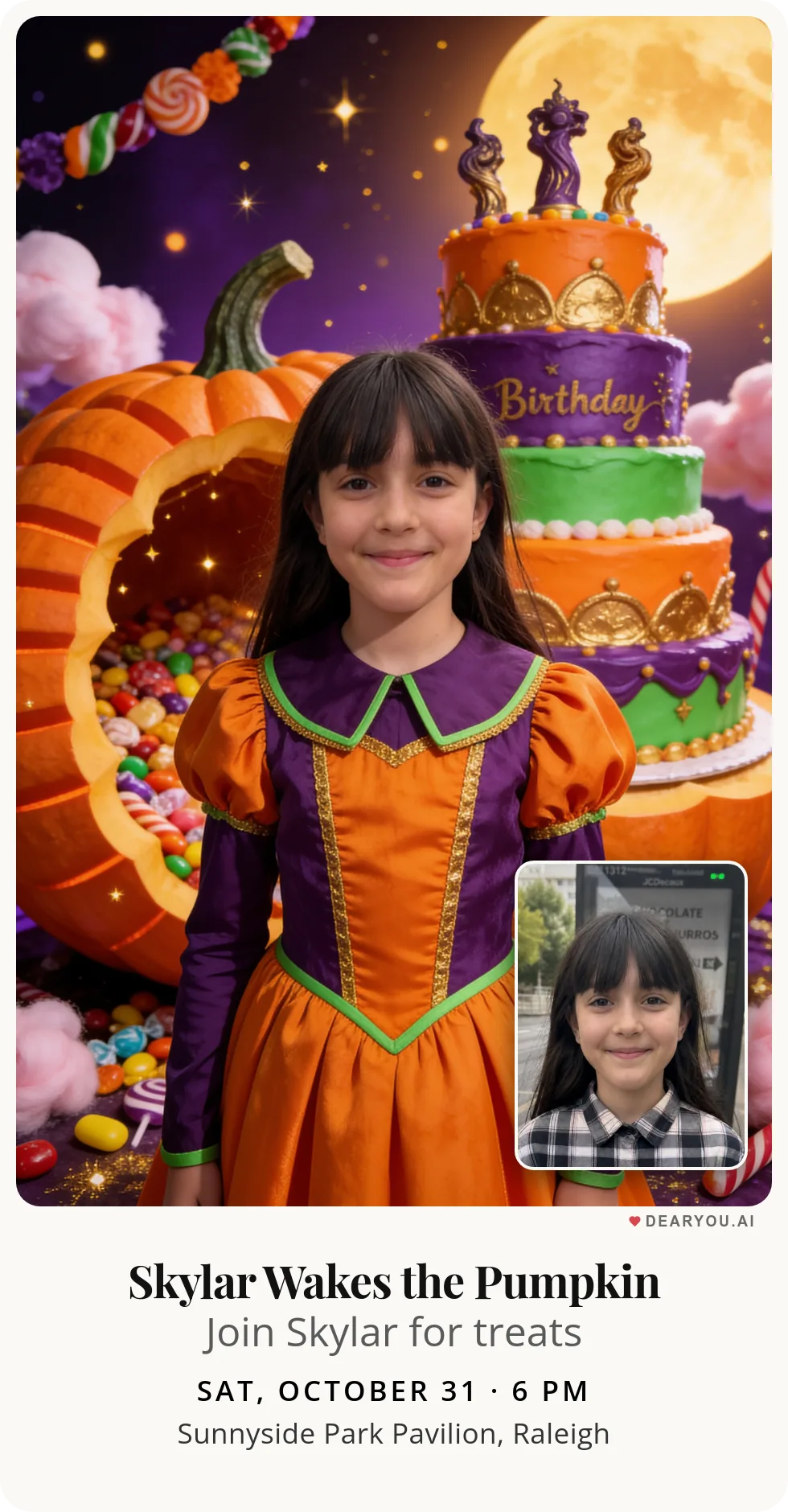 Personalized kids birthday invitation with the child's name and age, a magic pumpkin full of candy theme