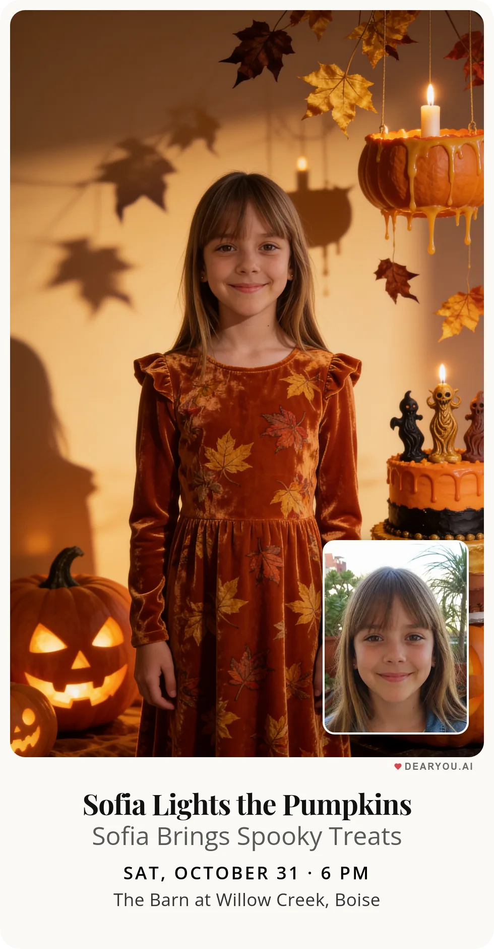 Personalized kids birthday invitation with the child's name and age, a carved pumpkin among dry leaves theme