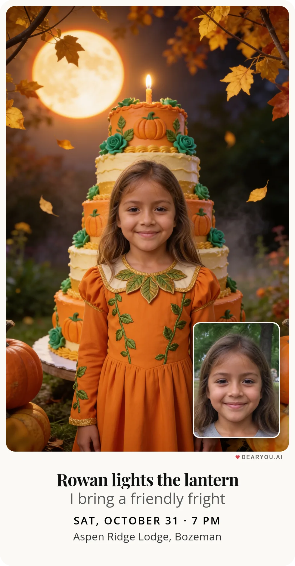 Personalized kids birthday invitation with the child's name and age, a pumpkin beside a two-tier cake theme