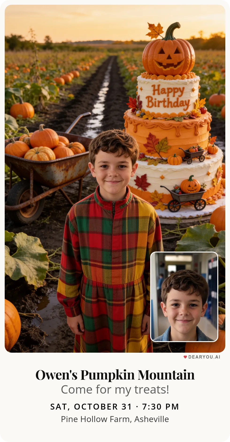 Personalized kids birthday invitation, a wheelbarrow overflowing with pumpkins in the patch theme