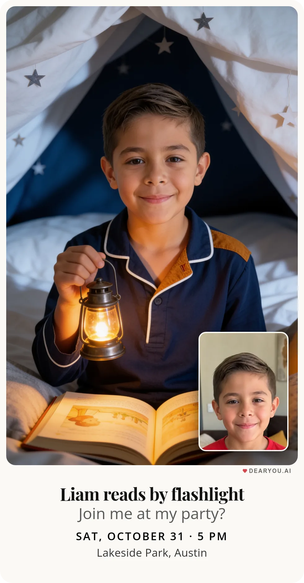Personalized kids birthday invitation with the child's name and age, flashlight stories under the sheet theme