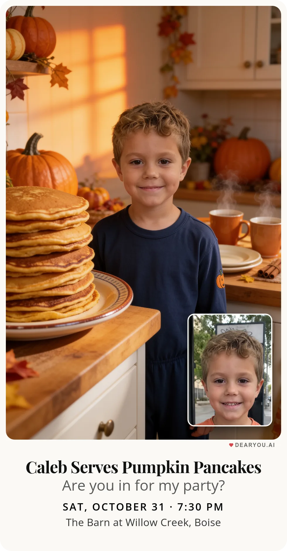 Personalized kids birthday invitation with the child's name and age, pumpkin pancake breakfast in pajamas theme