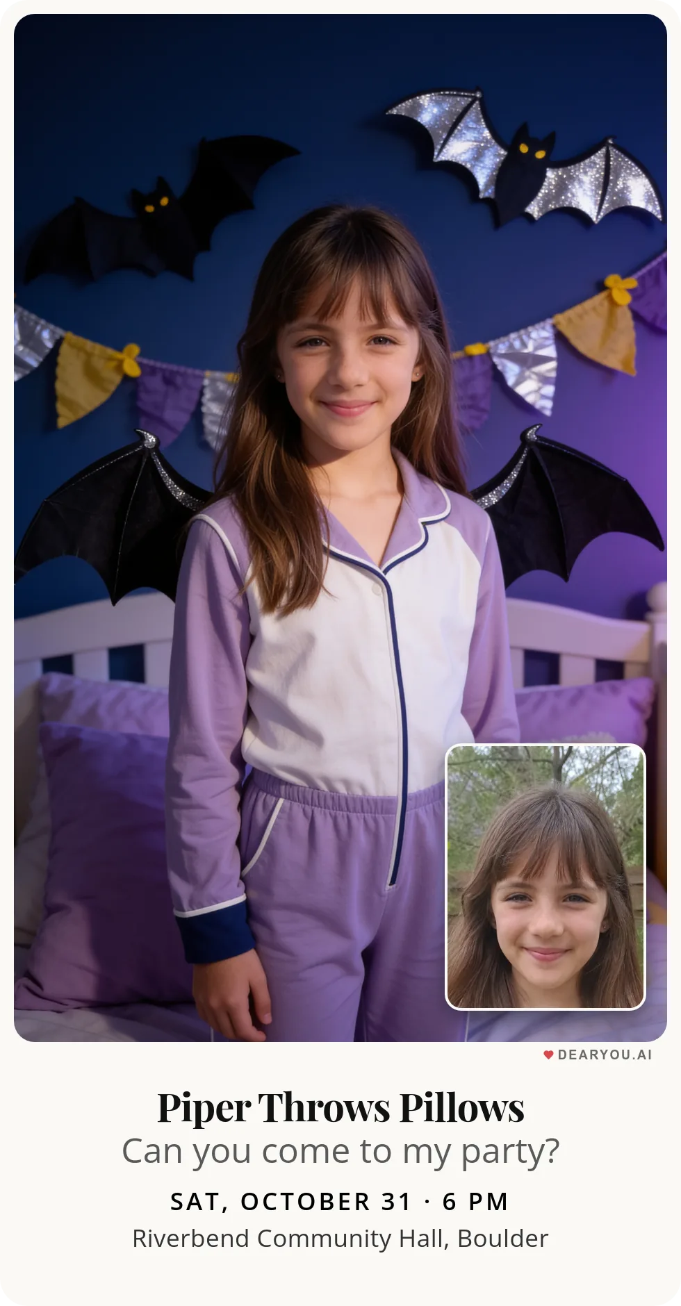 Personalized kids birthday invitation with the child's name and age, pillow fight with paper bats theme