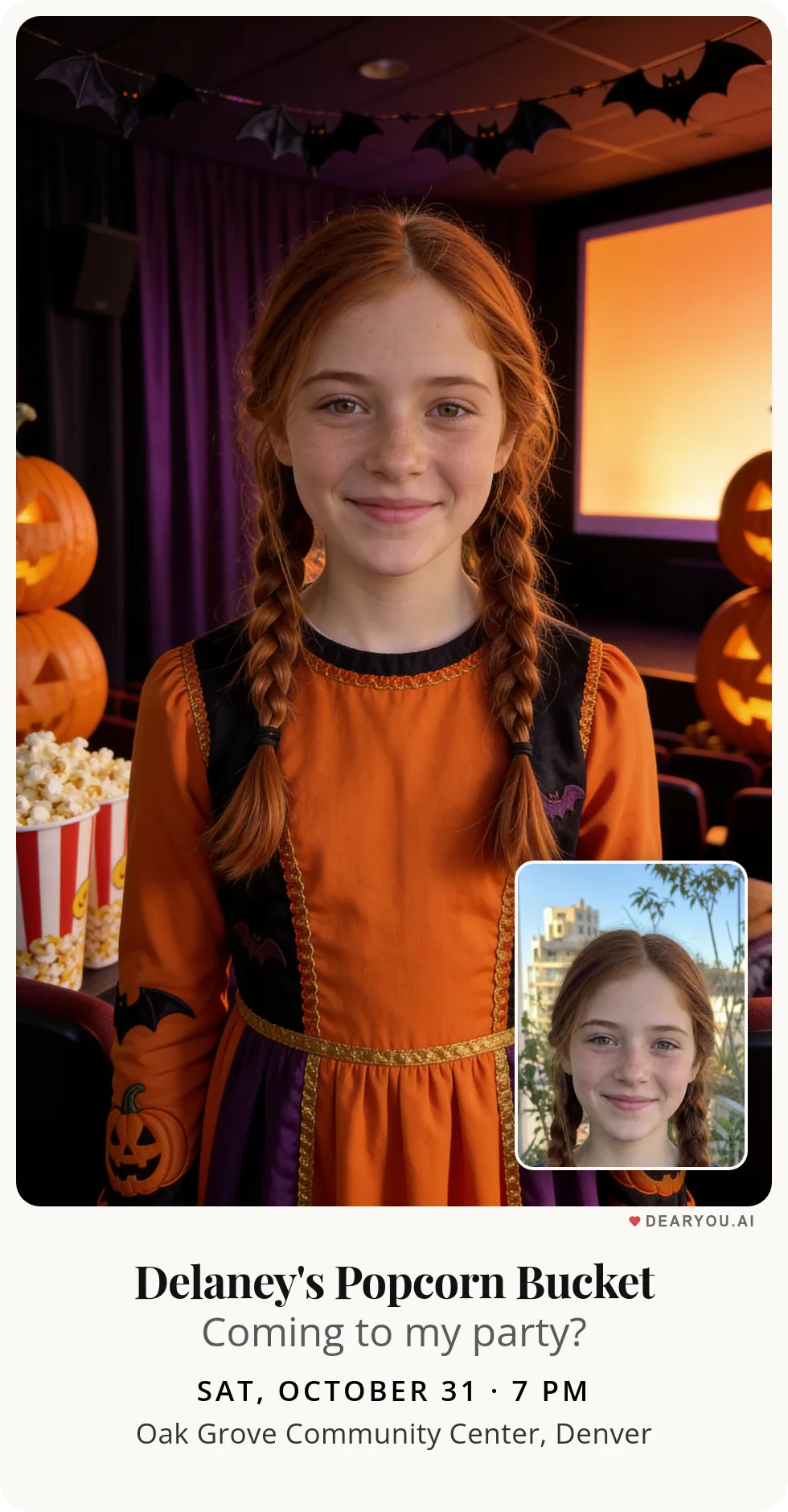 Personalized kids birthday invitation with the child's name and age, halloween movie marathon with popcorn theme