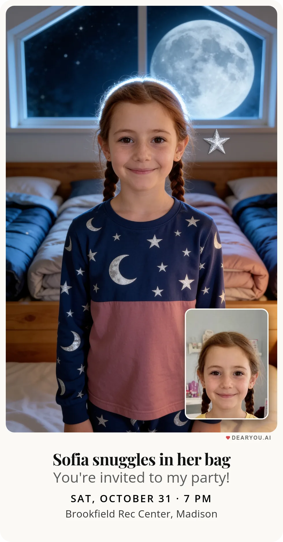 Personalized kids birthday invitation with the child's name and age, sleeping bags in a row by the moonlit window theme