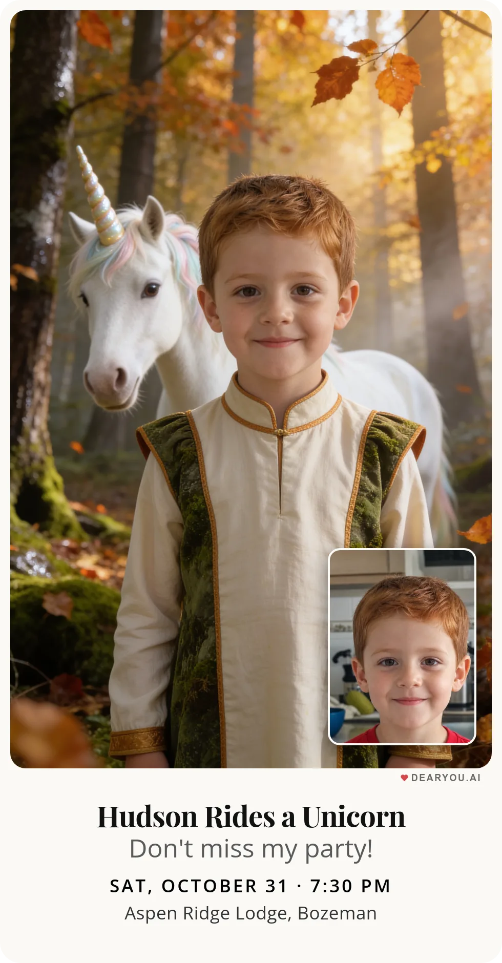 Personalized kids birthday invitation with the child's name and age, unicorn ride through the orange-leaf forest theme