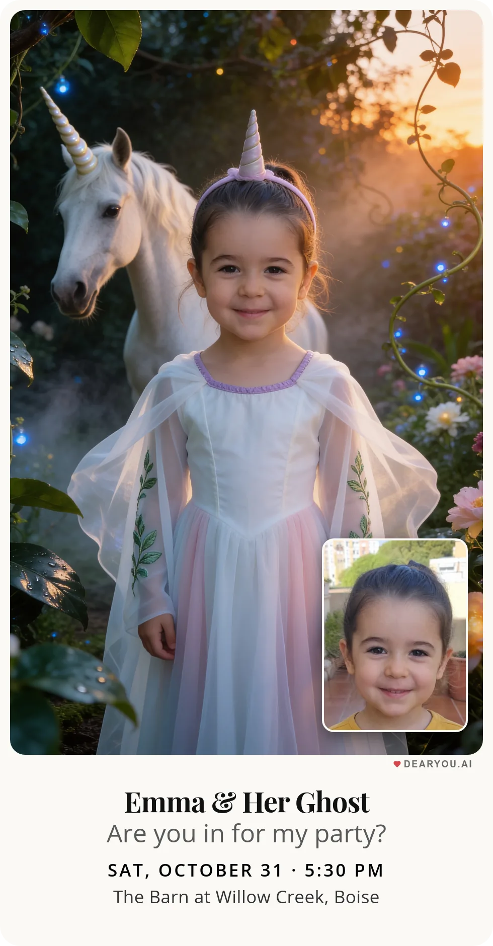 Personalized kids birthday invitation with the child's name and age, unicorn dressed as a ghost in the garden theme
