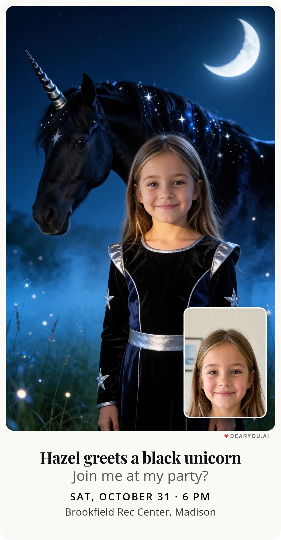 Personalized kids birthday invitation with the child's name and age, black unicorn with a starry mane under the moon theme