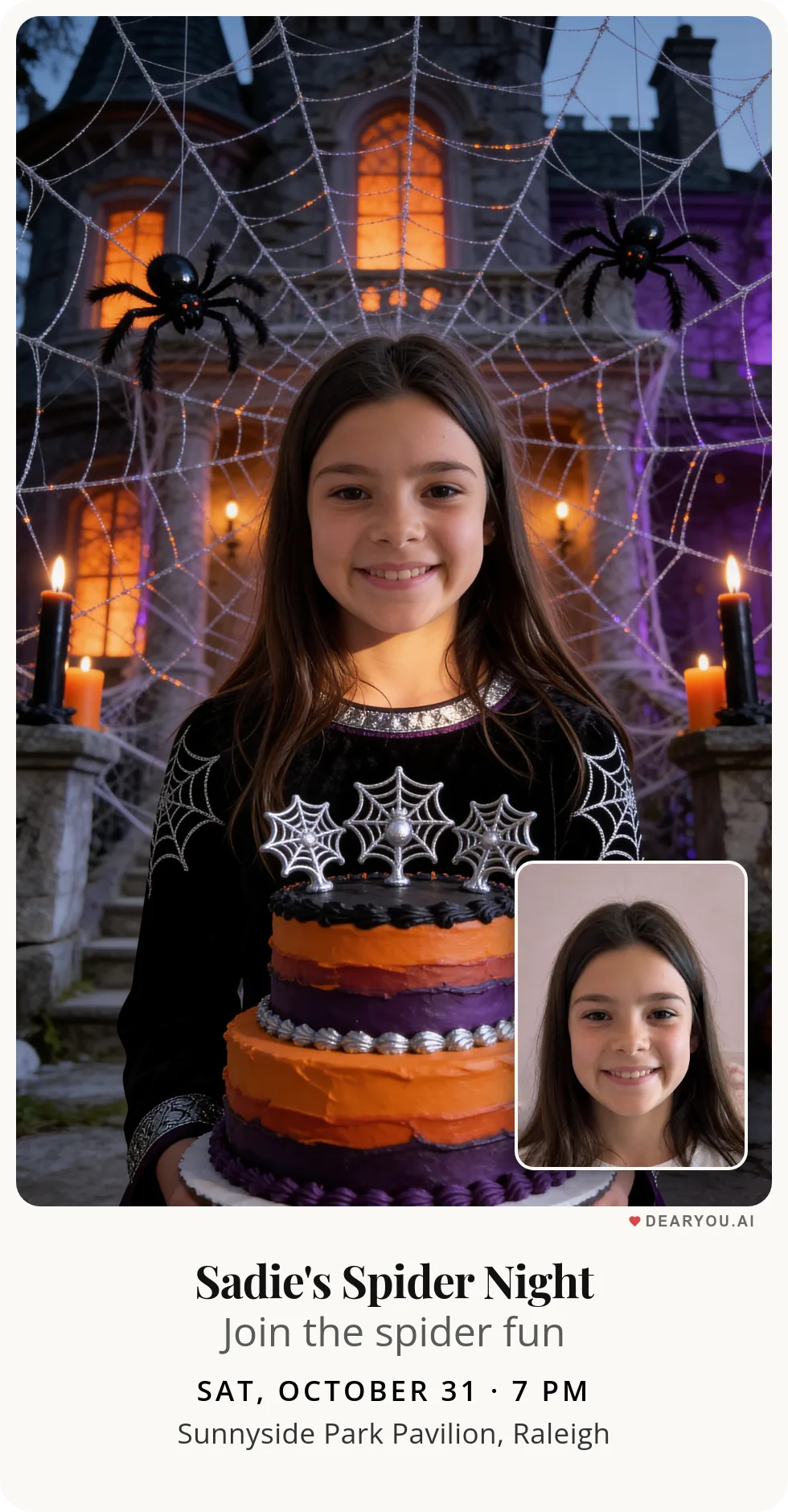 Personalized kids birthday invitation with the child's name and age, halloween spiders theme