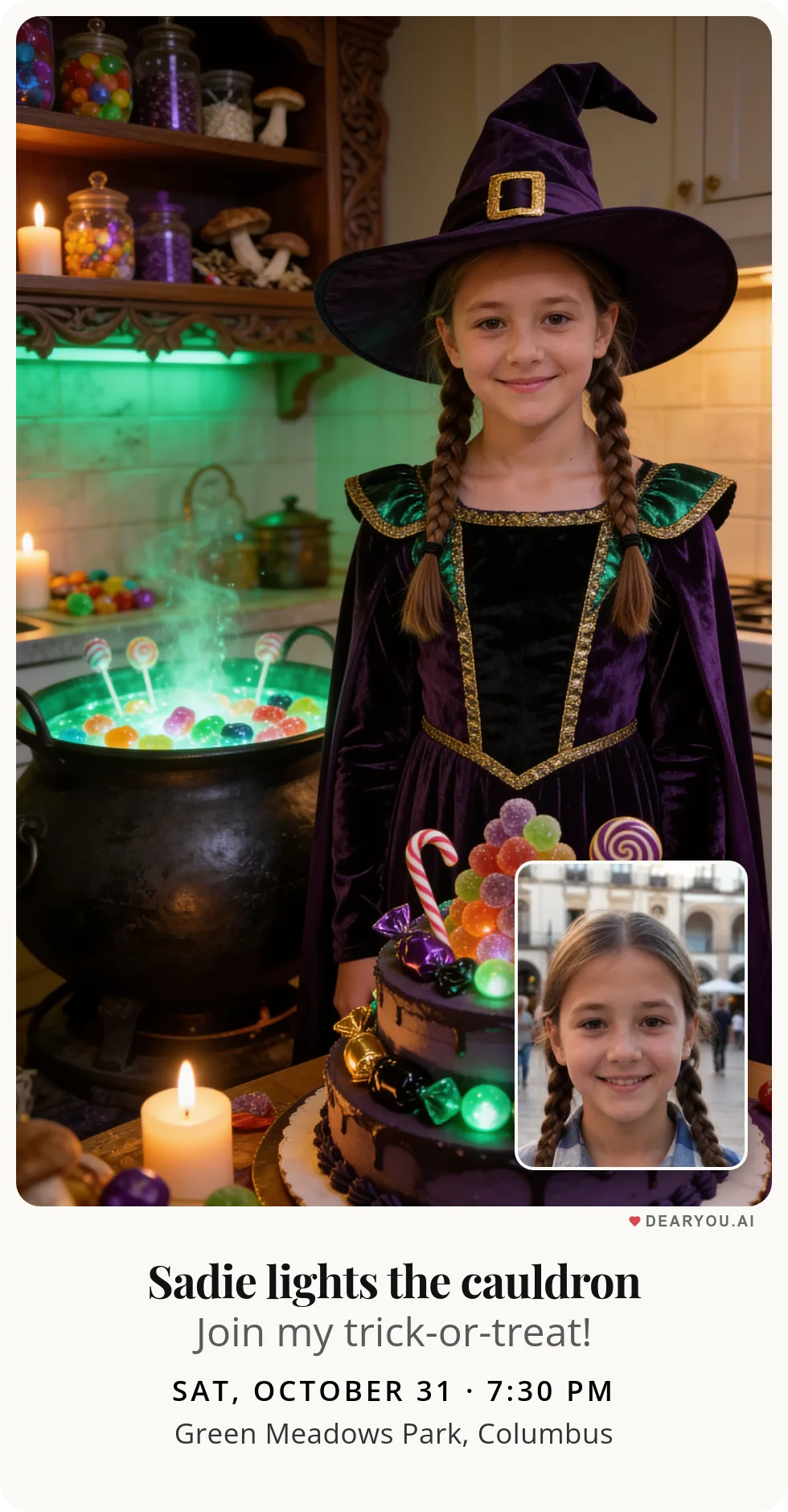 Personalized kids birthday invitation with the child's name and age, a witch cooking candy in her magic cauldron theme