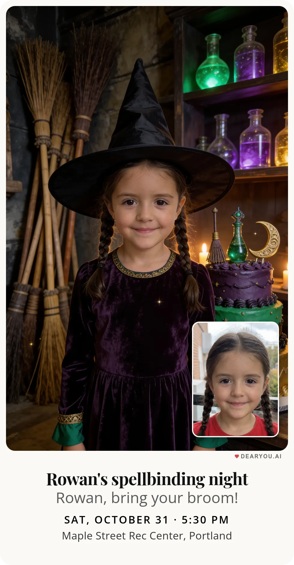 Personalized kids birthday invitation with the child's name and age, a witch in the magic broom shop theme