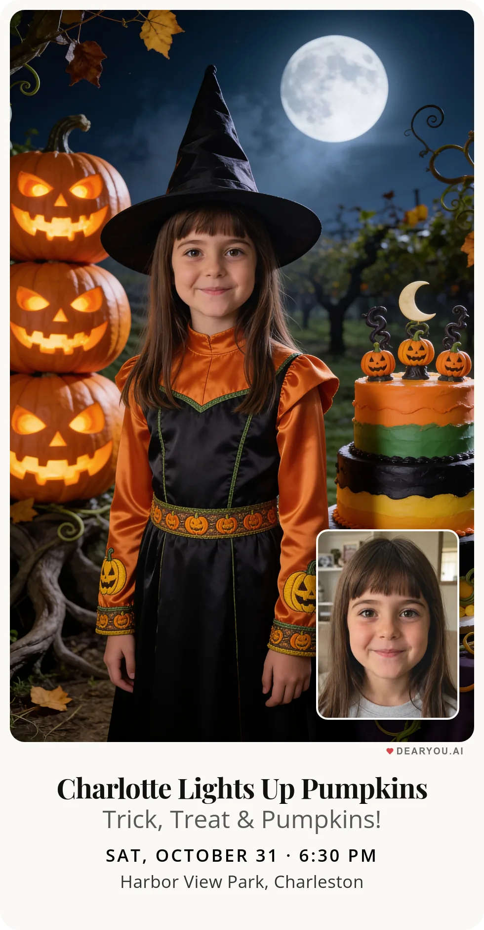 Personalized kids birthday invitation with the child's name and age, the three spookiest pumpkins in the patch theme