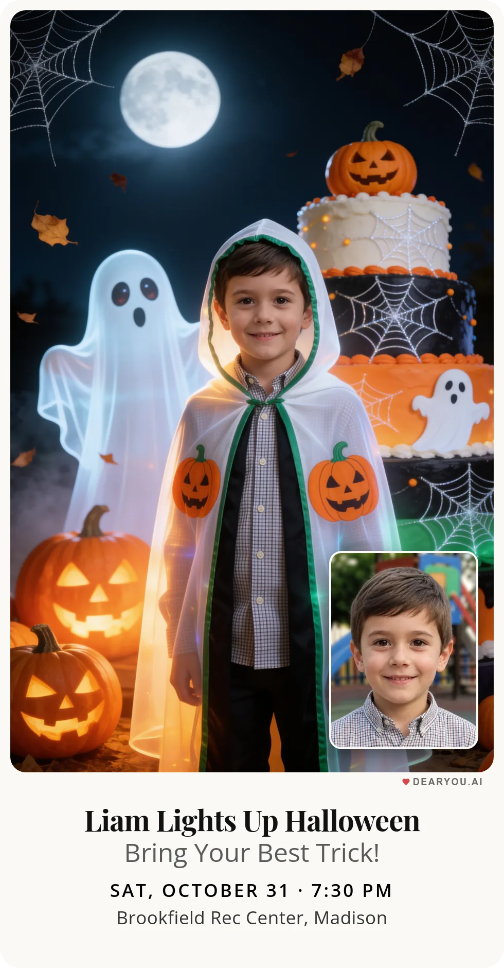 Personalized kids birthday invitation with the child's name and age, my friendly Halloween ghost theme